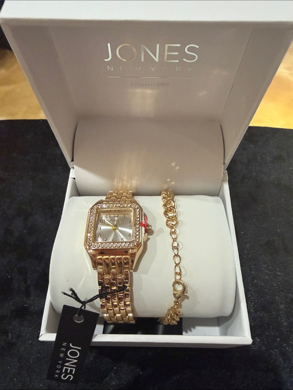Jones New York Gold-Tone Crystal Accent Watch and Chain Bracelet Set